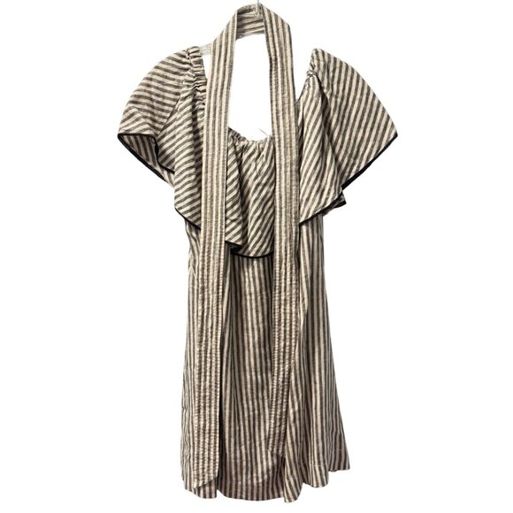 Trina Turk Out Of Office 100% Linen Striped Dress With Ruffle Off shoulder - Picture 1 of 12